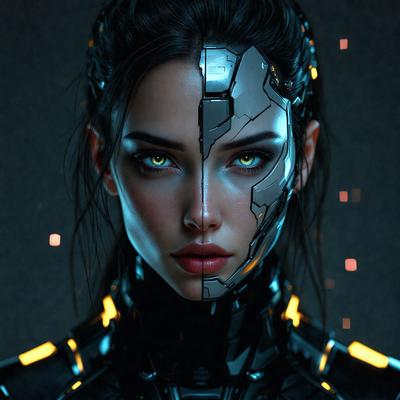 The primary subject of the image is a woman with a futuristic, cyberpunk appearance. She has a mix of human and robotic features, including a robotic face and a human body. The setting is a dark, futuristic environment, with a backdrop of neon lights and a patterned surface. The visual style is a combination of digital art and illustration, creating a striking and unique image. The colors and mood of the image are predominantly dark and moody, with a hint of futur